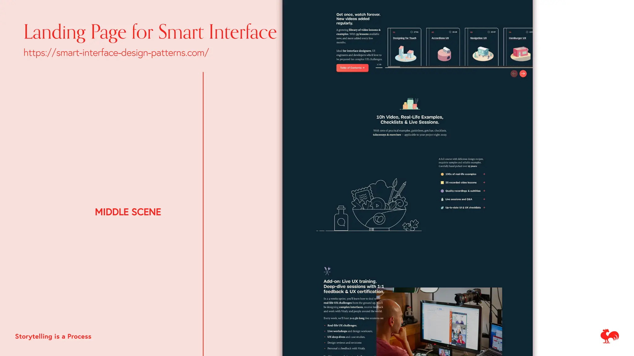 Landing Page for Smart Interface Design Patterns
https://smart-interface-design-patterns.com/
MIDDLE SCENE
Storytelling is a Process
 