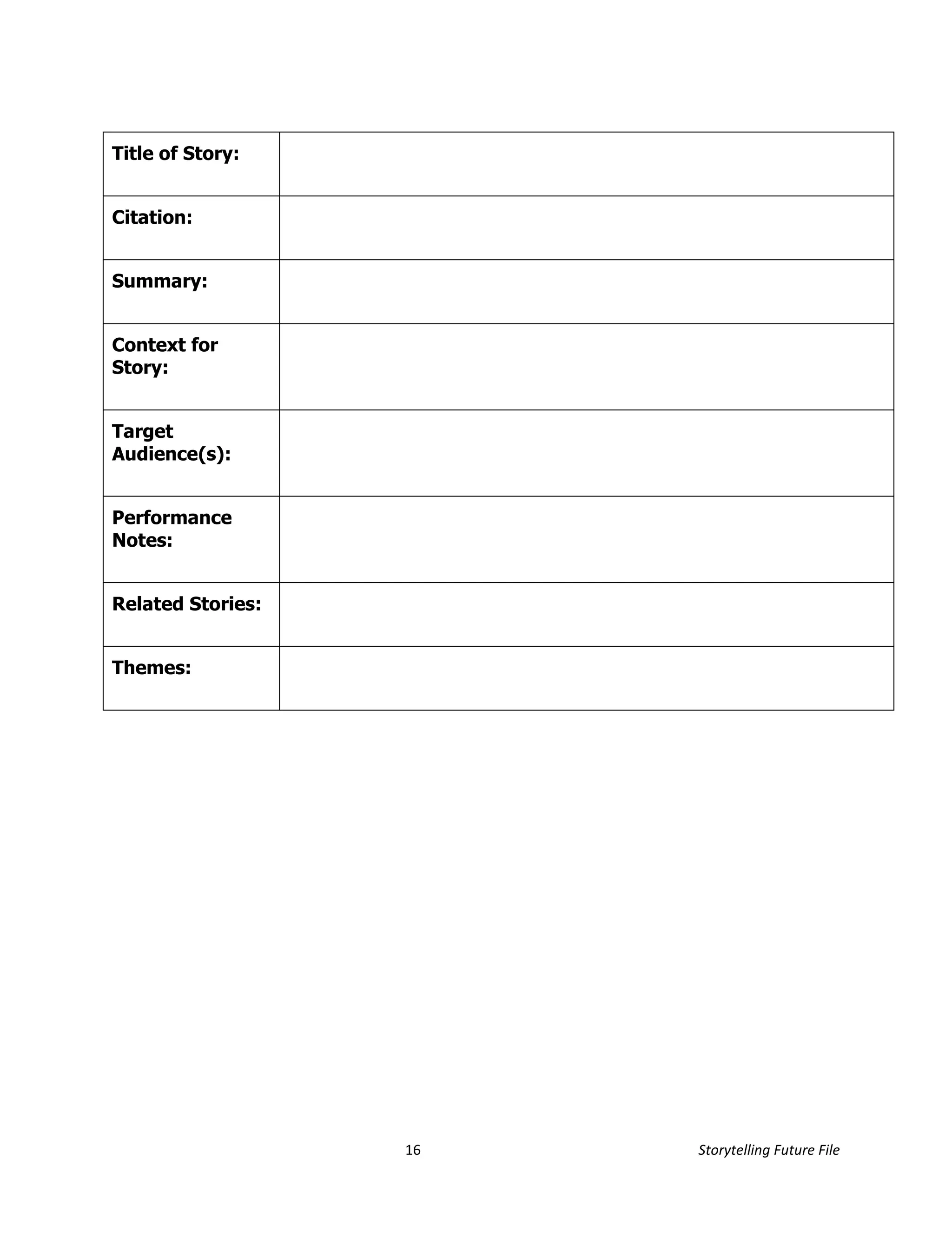 Title of Story:


Citation:


Summary:


Context for
Story:


Target
Audience(s):


Performance
Notes:


Related Stories:


Themes:




                   16   Storytelling Future File
 