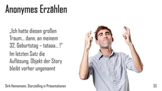 Technik 2: Ritter-Geschichte 
Dirk Hannemann, Storytelling in Präsentationen 
30 
Drei Phasen 
1.Alles doof 
2.Der weiße Ritter kommt 
3.Schöner als je zuvor  