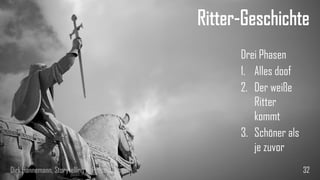 Technik 4: Anonymes Erzählen 
„Ich hatte diesen großen Traum… dann, an meinem 32. Geburtstag – tataaa… !“ 
Im letzten Satz die Auflösung, Objekt der Story bleibt vorher ungenannt 
32 
Dirk Hannemann, Storytelling in Präsentationen  