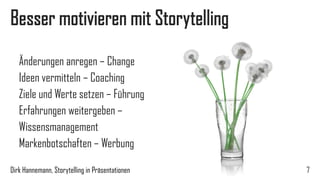 Darum, motivieren mit Storytelling 
7 
Änderungen anregen – Change 
Ideen vermitteln – Coaching 
Ziele und Werte setzen – Führung 
Erfahrungen weitergeben – 
Wissensmanagement 
Markenbotschaften – Werbung 
Dirk Hannemann, Storytelling in Präsentationen  
