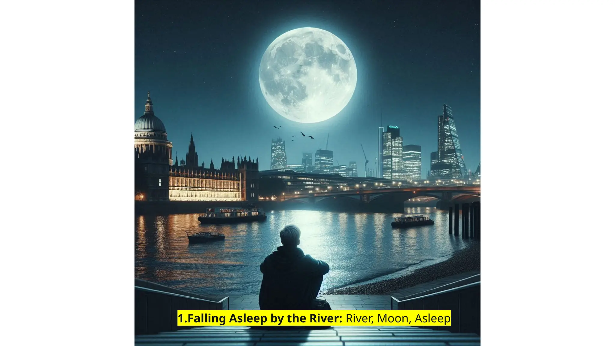 1.Falling Asleep by the River: River, Moon, Asleep
 