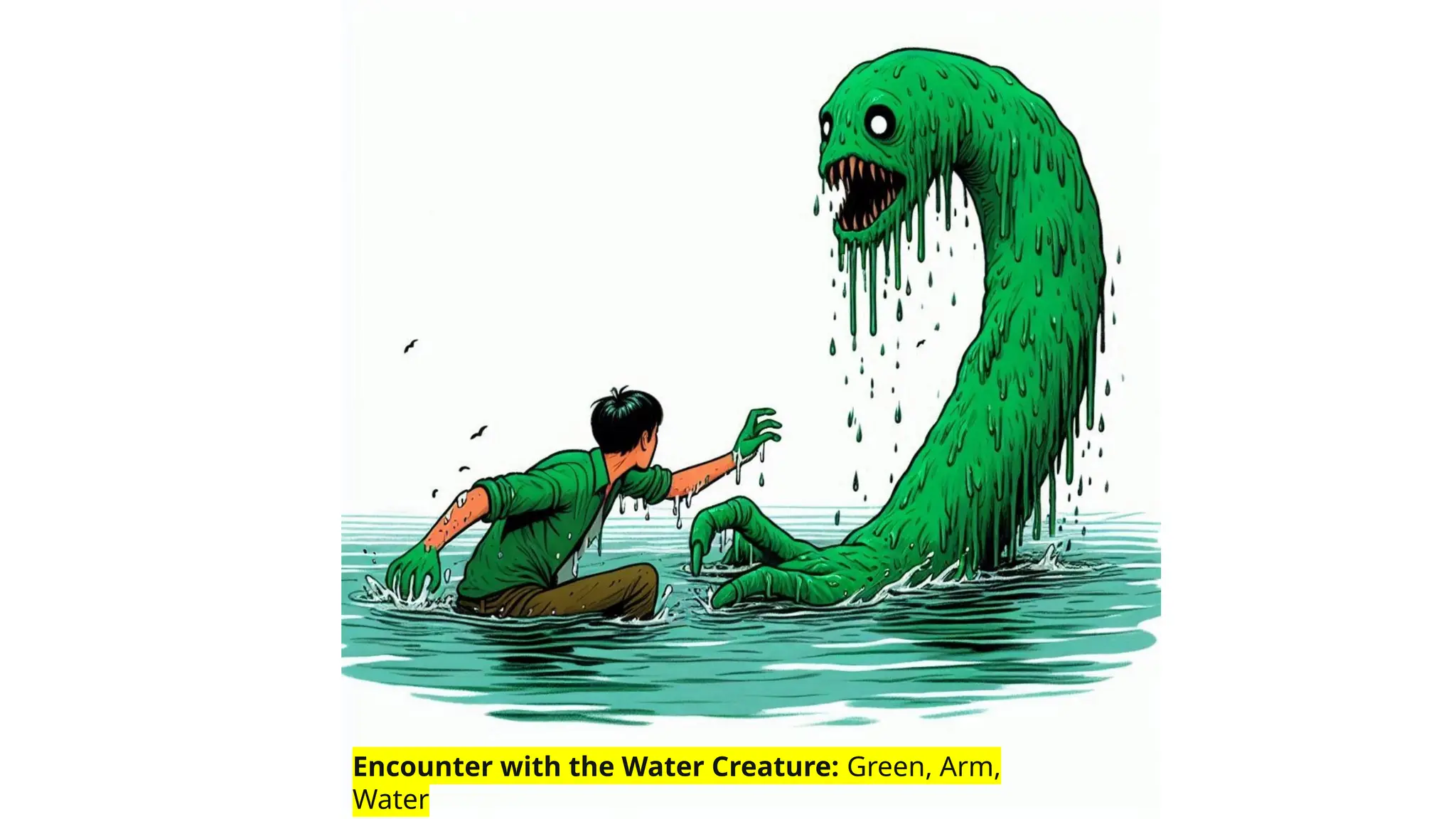 Encounter with the Water Creature: Green, Arm,
Water
 