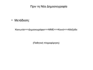 Πριν τη Νέα Δημοσιογραφία Μετάδοση : Κοινωνία >>> Δημοσιογράφοι >>> ΜΜΕ >>> Κοινό >>> Αδιέξοδο   (Παθητική πληροφόρηση ) 