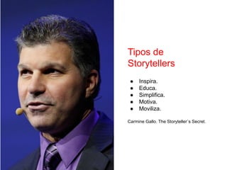 Tipos de
Storytellers
● Inspira.
● Educa.
● Simplifica.
● Motiva.
● Moviliza.
Carmine Gallo. The Storyteller´s Secret.
 
