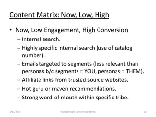 Content Matrix: Now, Low, High
? Now, Low Engagement, High Conversion
      C Internal search.
      C Highly specific internal search (use of catalog
        number).
      C Emails targeted to segments (less relevant than
        personas b/c segments = YOU, personas = THEM).
      C Affiliate links from trusted source websites.
      C Hot guru or maven recommendations.
      C Strong word-of-mouth within specific tribe.

3/23/2013             Storytelling Is Content Marketing   32
 
