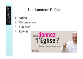 Le donateur fidèle
1.  Attirer
2.  Récompenser
3.  Fidéliser
4.  Retenir
 