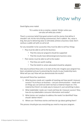 
know why
David Ogilvy once noted:
“It is useless to be a creative, original thinker unless you
can also sell what you create.”
There’s a common belief that good content and the stories that define it
shouldn’t sell. At the risk of being controversial, that’s rubbish. Yes, value is
king. But you’re delivering value to ultimately achieve a business need. Don’t
confuse a subtle sell with no sell at all.
For any storyteller to be successful, they must be able to sell four things:
• They must be able to sell to the business:
• That this story (or program) should be supported
• That the results have delivered genuine business value.
• Their stories must be able to sell to the reader:
• That they are worth reading
• That the belief or action advocated should be adopted.
One way to achieve these aims is to start at the end. Imagine your program has
been completed and you’re presenting the results to your leadership team.
What will you say? How will you demonstrate the results?
Ask yourself these four questions:
1. What business needs am I capable of meeting and how would I measure
success? Try to focus on business – not just communication – needs and
on things you can (and can claim to) have a material impact on. If its
material but there’s no ready way to measure it, put something in place.
2. What stakeholder needs can I meet and how do I measure success? Also,
how do my stakeholders consume information and media?
3. What stories can I produce to address the needs I’ve identified? How
should I deliver them?
4. Where can I find these stories and how do I go about getting them?
This process should give you everything you need to map your program.
7
© Wayne Aspland. The Content Factory. 2013.
 
