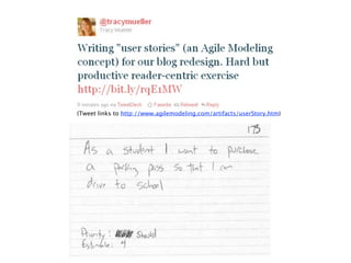 Kim Goodwin, Confab 2011
“Storytelling by Design”

Scenario: “A plausible story
about a persona using the
future product or service in
a speciﬁc situation.”

Scenarios have all the key
story elements: Character,
Conﬂict, Plot, Resolution
http://www.slideshare.net/KimGoodwin/storytelling-by-design-scenarios-talk-
at-confab-2011
 