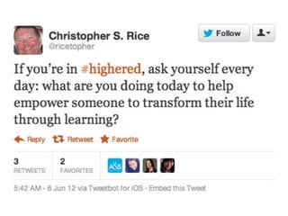 Students:               Faculty:
• Applying to college   • Curing diseases
• Learning what they    • Teaching tomorrow’s
want to do with life    leaders
• Tutoring local kids   • Providing context to
• Staging a musical     current events

Alumni:                 Staff:
• Donating to support • Balancing budgets
a new laboratory        • Developing programs
• Reconnecting with     • Organizing events
old friends             • Recruiting students
• Giving students advice
 