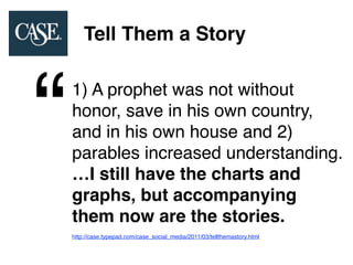 Come on, Tour
    Guides, Tell
    Me a Story



“   The goal is you want
    people to remember
    something when they
    leave your campus. It’s
    gonna be the stories.
    Laura Martin, vice president for enrollment and
    dean of admission, Agnes Scott College
    http://chronicle.com/blogs/headcount/come-on-tour-guides-tell-me-a-
    story/30047
 