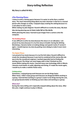 Story-telling Reflection
My Story is called IN HELL.


sThe Planning Phase:
I chose to write a fantasy genre because it is easier to write than a realistic
story. The most interesting thing about my main character is that he is a normal
person who changes so easily. I enjoyed enjoy creating the setting because it is
a rare place to start a story.
While making my plot diagram I found it difficult to re write the story. My best
idea during planning was to have rocks fall on the devils.
While planning this story I learned to put images from a camera onto the
computer.

The Drafting Phase:
It was difficult to write my story because the story is in an odd place. I am
proud of my story because it is my first story in Grade4. During the Writing
Workshops, I became better at making dialogs and speech marks.If I wrote it
again, I would improve my story by putting more dialog to make it even more
interesting.

The Digital Phase:
I am proud of my movie because it is my first full video.I found it difficult to
create the storyboard because it was hard to combined all the stories.My role
was to be the soundtrack engineer.I worked especially hard at finding the
starting music.The thing I am most happy with is that I finished my first
movie.While making the movie, I learned many new technology skills in iMovie.
I became much better at audio adjusting and timing. If I made the movie again,
I would try to make a realistic fiction story.

Collaboration:
Sometimes, I enjoyed group work because we can do things faster.
Other times, I didn’t enjoy group work because we disagreed.While working in
a group, I learned that working in a group is easier to do things.During the unit,
our group became better at thinking up more ideas and working as a group.

What else?
During this story-telling unit I especially enjoyed talking about the story. After
this unit, I might continue to play in iMovie.
 