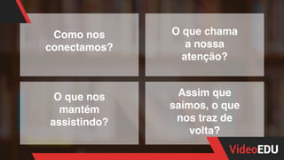 Como nos
conectamos?
O que chama
a nossa
atenção?
O que nos
mantém
assistindo?
Assim que
saímos, o que
nos traz de
volta?
 