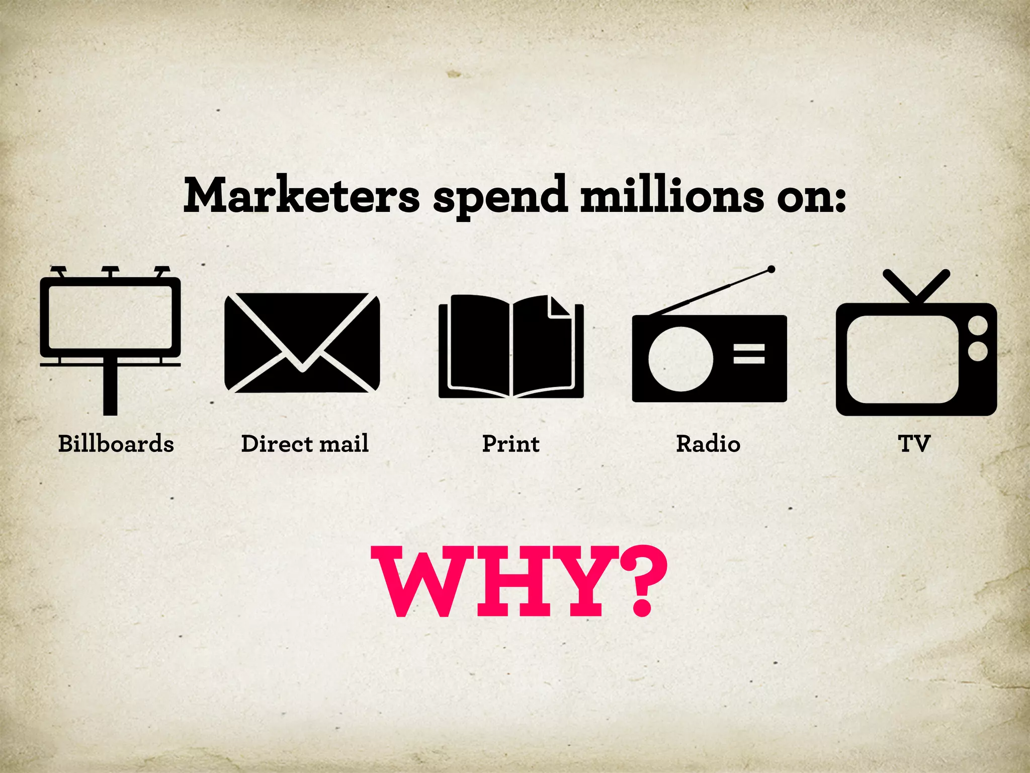 Marketers spend millions on:

Billboards

Direct mail

Print

WHY?

Radio

TV

 