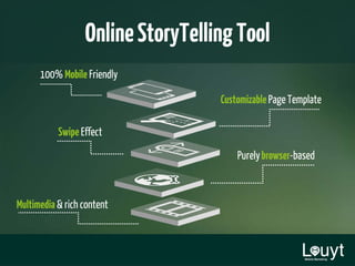 100% Mobile Friendly
CustomizablePageTemplate
SwipeEffect
Purelybrowser-based
Multimedia & rich content
OnlineStoryTellingTool
 