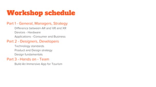 Workshop schedule
Part 1 - General, Managers, Strategy
Difference between AR and VR and XR
Devices - Hardware
Applications - Consumer and Business
Part 2 - Designers, Developers
Technology standards
Product and Design strategy
Design fundamentals
Part 3 - Hands on - Team
Build An Immersive App for Tourism
 