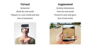 Virtual
Immersive
Block the real world
Teleport to a new world and time
Part of simulation
Augmented
Overlay information
View the real world
Present in time and space
Part of real world
 