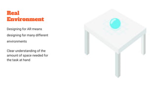 Real
Environment
Designing for AR means
designing for many different
environments
Clear understanding of the
amount of space needed for
the task at hand
 