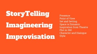 StoryTelling
Imagineering
Improvisation
Presence
Point of View
Set and Setting
Space is Dynamic
Inspiration from Theatre
Plot in 360
Character and Dialogue
Style
 