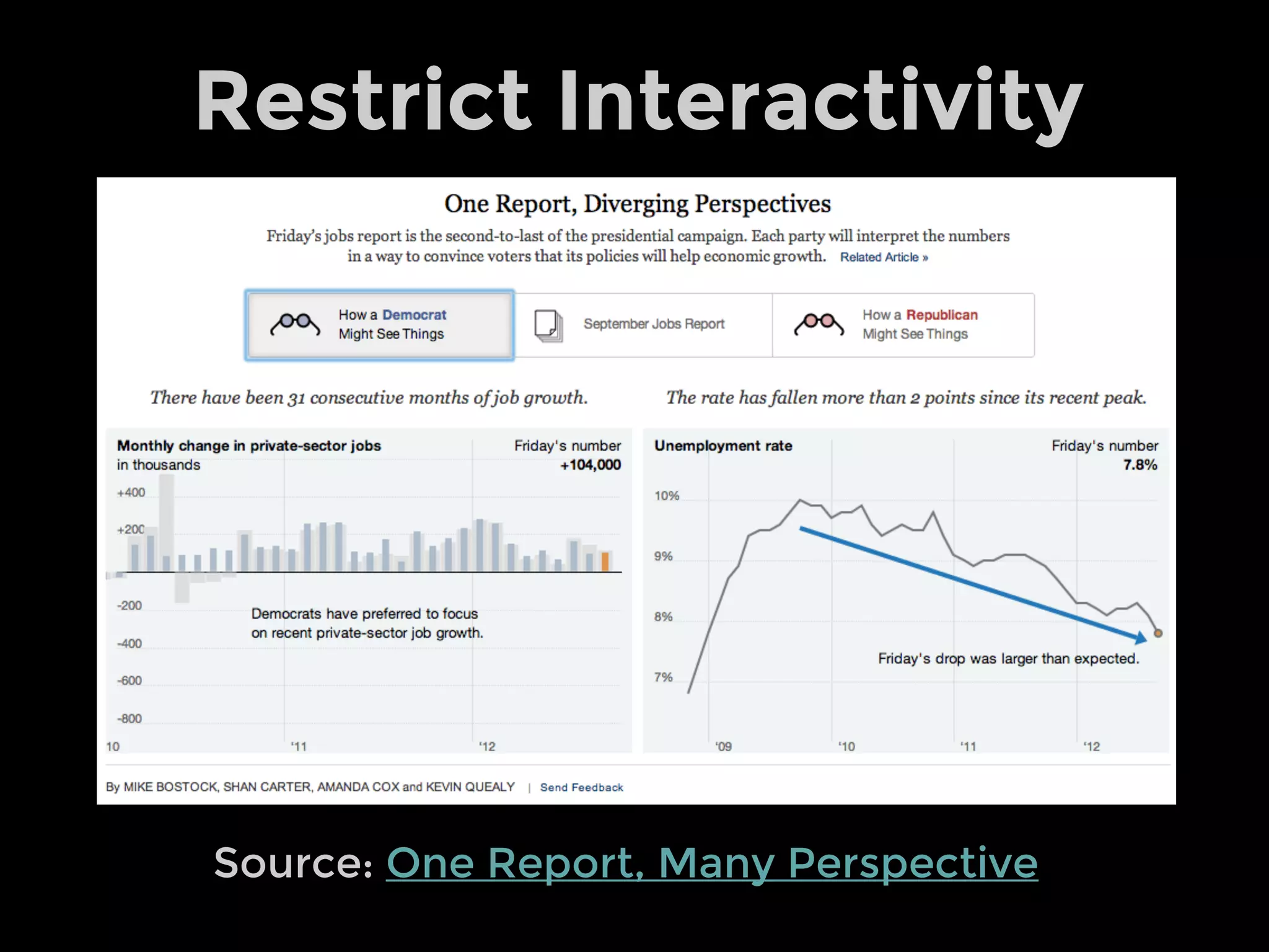 Tools Landscape
Abstract, Flexible, Difficult
Slow, Code, Expressive
Blackbox, Limited, Simple
Quick, GUI, Efficient
Canvas Grammar Charting
Collection of fixed
charts that require
data to be shaped
in a particular way
Excel
Mondrian
Many Eyes
Google Charts
HighCharts
Fusion Charts
Collection of
graphical primitives
for creating data
driven graphics
R-ggplot2
SPSS
raw
d3.js
Vega
Bokeh
Paint directly on a
pixel grid. Design &
manage every
element of chart
Processing
Nodebox
sketchpad
Raphael.js
Paper.js
Processing.js
Visual
Visual analysis
languages allowing
flexibility to design
many variants
Tableau
Gephi
plot.ly
...
 