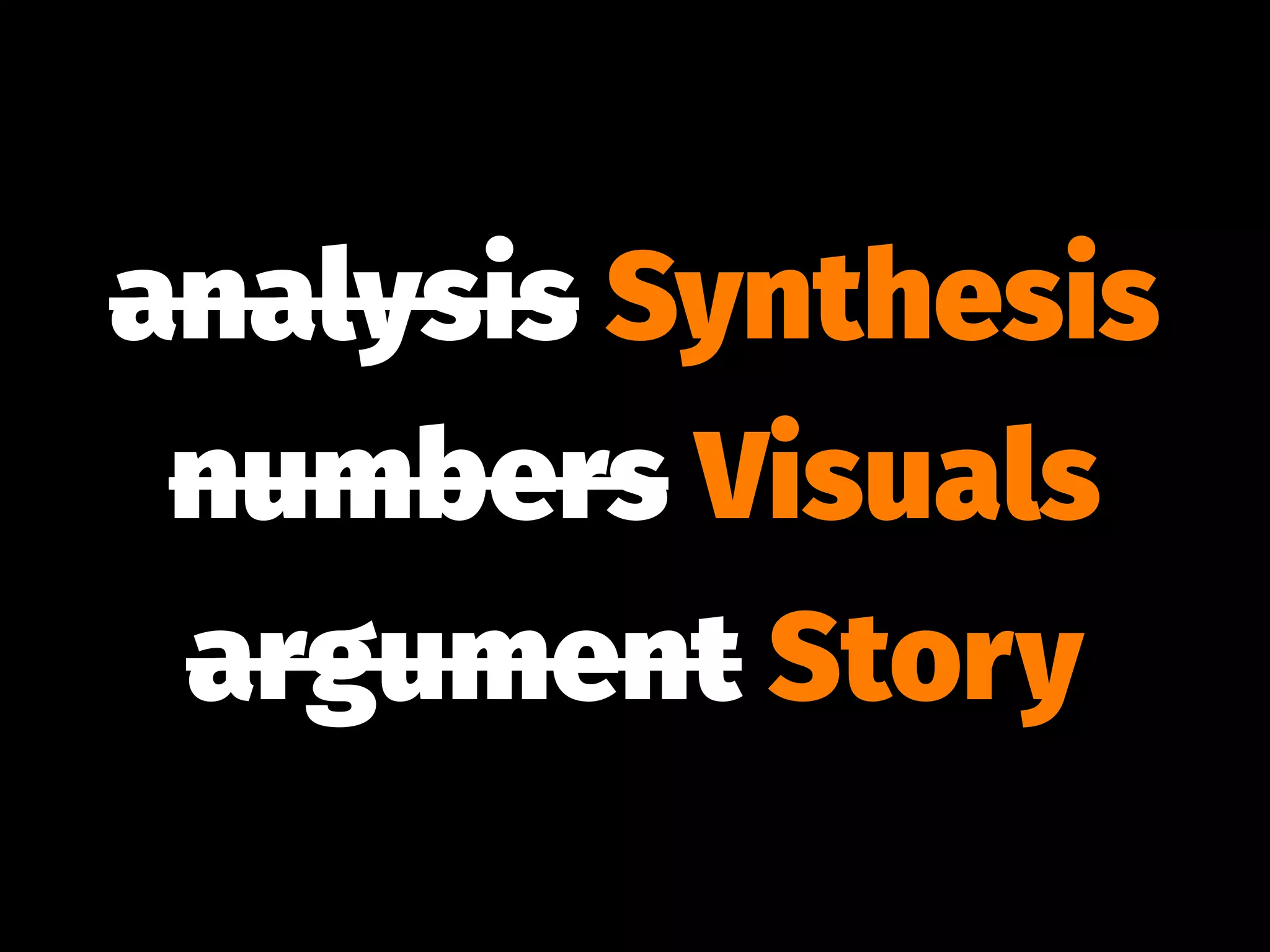 analysis Synthesis
numbers Visuals
argument Story
 