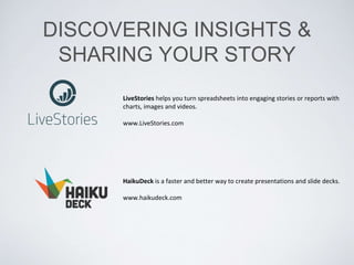 DISCOVERING INSIGHTS &
SHARING YOUR STORY
LiveStories helps you turn spreadsheets into engaging stories or reports with
charts, images and videos.
www.LiveStories.com
HaikuDeck is a faster and better way to create presentations and slide decks.
www.haikudeck.com
 