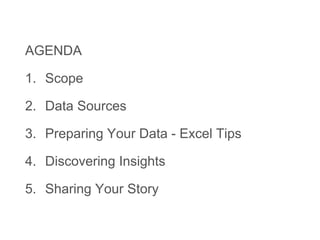 AGENDA
1. Scope
2. Data Sources
3. Preparing Your Data - Excel Tips
4. Discovering Insights
5. Sharing Your Story
 