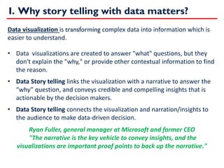 I. Why story telling with data matters?
Data visualization is transforming complex data into information which is
easier to understand.
• Data visualizations are created to answer "what" questions, but they
don't explain the "why," or provide other contextual information to find
the reason.
• Data Story telling links the visualization with a narrative to answer the
“why” question, and conveys credible and compelling insights that is
actionable by the decision makers.
• Data Story telling connects the visualization and narration/insights to
the audience to make data-driven decision.
Ryan Fuller, general manager at Microsoft and former CEO
"The narrative is the key vehicle to convey insights, and the
visualizations are important proof points to back up the narrative."
 