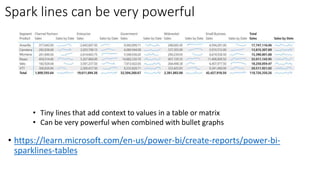 Spark lines can be very powerful
• https://learn.microsoft.com/en-us/power-bi/create-reports/power-bi-
sparklines-tables
• Tiny lines that add context to values in a table or matrix
• Can be very powerful when combined with bullet graphs
 