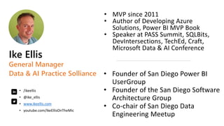 • /ikeellis
• @ike_ellis
• www.ikeellis.com
• youtube.com/IkeEllisOnTheMic
• Founder of San Diego Power BI
UserGroup
• Founder of the San Diego Software
Architecture Group
• Co-chair of San Diego Data
Engineering Meetup
• MVP since 2011
• Author of Developing Azure
Solutions, Power BI MVP Book
• Speaker at PASS Summit, SQLBits,
DevIntersections, TechEd, Craft,
Microsoft Data & AI Conference
Ike Ellis
General Manager
Data & AI Practice Solliance
 
