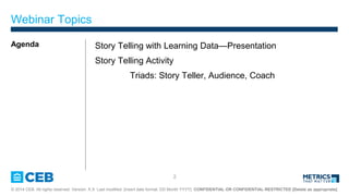2
? 2014 CEB. All rights reserved. Version: X.X Last modified: [insert date format: DD Month YYYY]. CONFIDENTIAL OR CONFIDENTIAL-RESTRICTED [Delete as appropriate]
Agenda Story Telling with Learning DataPresentation
Story Telling Activity
Triads: Story Teller, Audience, Coach
Webinar Topics
 