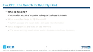 7
? 2014 CEB. All rights reserved. Version: X.X Last modified: [insert date format: DD Month YYYY]. CONFIDENTIAL OR CONFIDENTIAL-RESTRICTED [Delete as appropriate]
Our Plot: The Search for the Holy Grail
? What is missing?
? Information about the impact of training on business outcomes
? What must be done to fill the void?
? Gather, analyze and report dataturn data into information
? What happens at the end of the movie?
? The award winning report allows leaders to make data-driven decisions
 