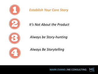 It’s Not About the Product
Always Be Storytelling
Always be Story-hunting
Establish Your Core Story
 
