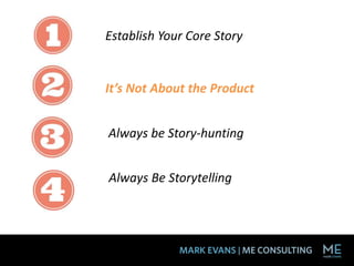 It’s Not About the Product
Always Be Storytelling
Always be Story-hunting
Establish Your Core Story
 