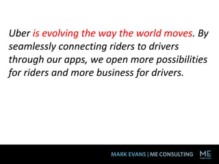 Uber is evolving the way the world moves. By
seamlessly connecting riders to drivers
through our apps, we open more possibilities
for riders and more business for drivers.
 