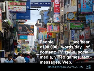 People see/hear
>100,000 words/day of
content: TV, radio, social
media, video games, text
messages, Web.
 