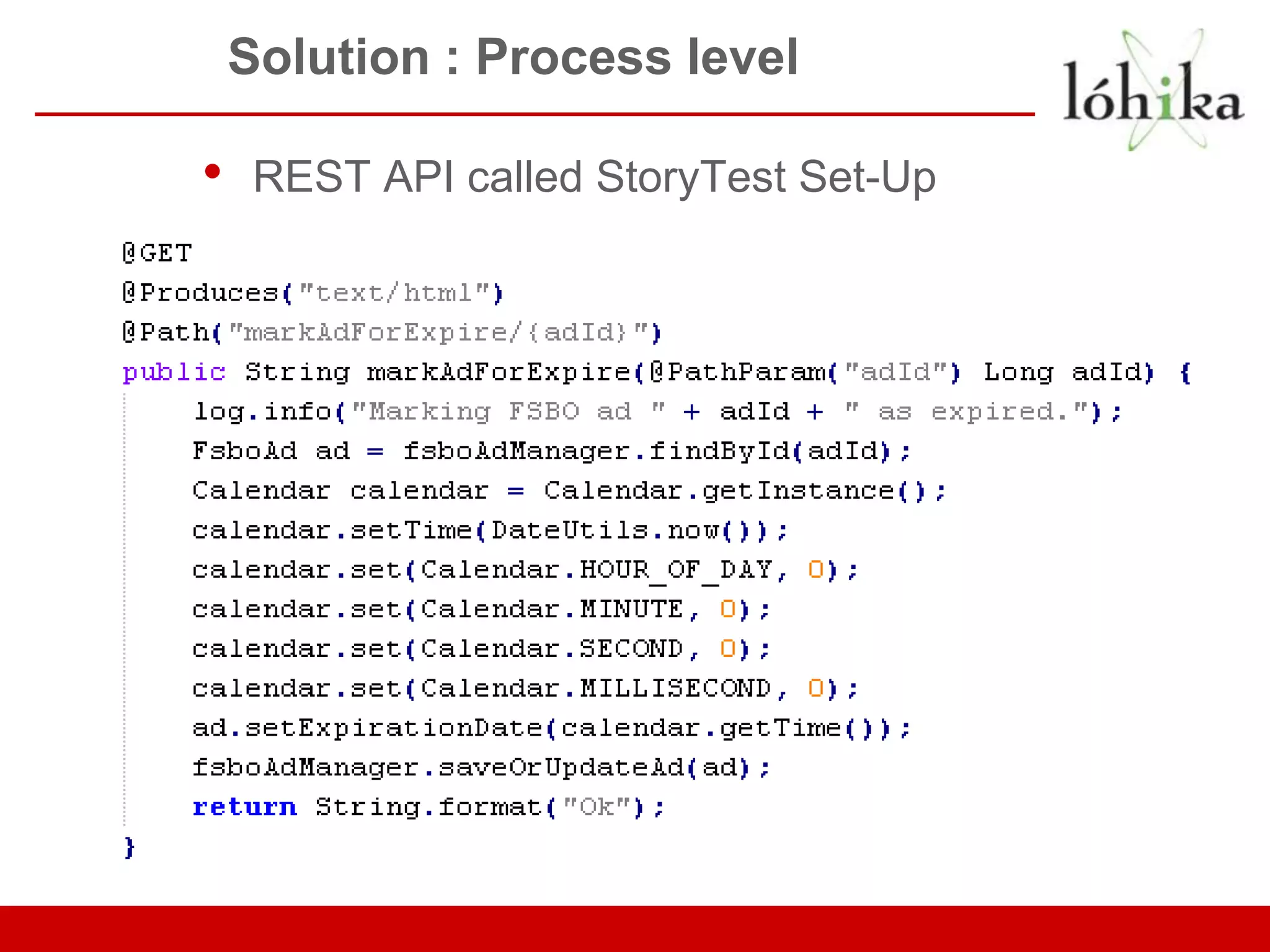 Solution : Process level • REST API called StoryTest Set-Up 
