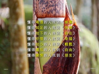 懂得 喝酒 的人找到 《 感覺 》 懂得 知足 的人找到 《 快樂 》 懂得 放下 的人找到 《 自在 》 懂得 珍惜 的人找到 《 幸福 》 懂得 放心 的人找到 《 輕鬆 》 懂得 遺忘 的人找到 《 自由 》 懂得 關懷 的人找到 《 朋友 》 12/26/10 心理學系列 