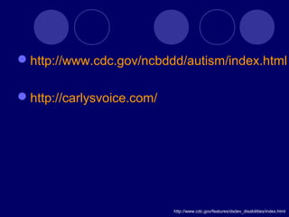 http://www.cdc.gov/features/dsdev_disabilities/index.html
http://www.cdc.gov/ncbddd/autism/index.html
http://carlysvoice.com/
 
