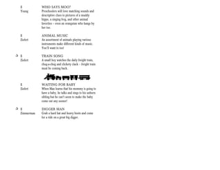 E          WHO SAYS MOO?
   Young      Preschoolers will love matching sounds and
              descriptive clues to pictures of a muddy
              hippo, a singing frog, and other animal
              favorites -- even an orangutan who hangs by
              her toe.

   E          ANIMAL MUSIC
   Ziefert    An assortment of animals playing various
              instruments make different kinds of music.
              You’ll want to too!

+ E           TRAIN SONG
  Ziefert     A small boy watches the daily freight train,
              chug-a-chug and clickety clack — freight train
              must be coming back.



   E          WAITING FOR BABY
   Ziefert    When Max learns that his mommy is going to
              have a baby, he talks and sings to his unborn
              sibling but he can't seem to make the baby
              come out any sooner!

+ E           DIGGER MAN
  Zimmerman   Grab a hard hat and heavy boots and come
              for a ride on a great big digger.
 