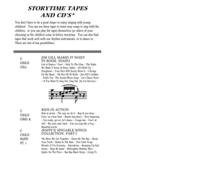 STORYTIME TAPES
             AND CD’S*
You don’t have to be a great singer to enjoy singing with young
children! You can use these tapes to learn easy songs to sing with the
children, or you can play the tapes themselves (or others of your
choosing) as the children come in before storytime. You can also find
tapes that work well with our rhythm instruments, or to dance to.
There are lots of fun possibilities.



    C                 JIM GILL MAKES IT NOISY
                      IN BOISE, IDAHO
    CHILD             List of Dances --Yow! -- Stick To The Glue -- The Night
    GILL              We Made It Noisy In Boise, Idaho -- All Filled Up --
                      Doughnuts -- Your Face Will Surely Show It — 5 Strings
                      On My Banjo -- Oh Hey Oh Hi Hello -- Jim Gill's Lullaby -
                      - Tickle Toe --The Sound Effects Song -- Let's Dance Now!
                      -- If You Want To Sing Out, Sing Out (by Cat Stevens.)




    C                 KIDS IN ACTION
                      Kids in action -- The way we do it -- Bop til you drop --
    CHILD             Goin' on a bear hunt -- Beanie bag dance -- New beginning
    GREG &            -- Get ready, get set, let's dance -- Conga line -- Can't sit
                      still -- My aunt came back -- Can you leap like a frog --
                      Beautiful world.
    C                 (RAFFI’S) SINGABLE SONGS
    CHILD             COLLECTION, PART I
    RAFFI             The More We Get Together -- Down By The Bay -- Brush
    PT. 1             Your Teeth -- Robin In The Rain -- Five Little Frogs-
                      Wonder If I'm Growing -- Aikendrum -- Bumping Up And
                      Down -- Must Be Santa -- Willoughby Wallaby Woo --
                      Spider On The Floor -- Baa Baa Black Sheep -- Going To
 