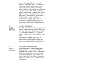 burning -- Mr. Turkey and Mr. Duck -- Two little
          blackbirds -- Slow fast song --Here is a choo choo train --
          Five enormous dinosaurs --Bought me a cat -- Gray
          squirrel -- Five green and speckled frogs -- Humpty
          dumpty -- Little Miss Muffet --Put your teddy bear on your
          head -- Peter hammers --Hickory dickory dock -- Five
          dinosaurs -- Join inthe game -- What shall we do when we
          all go out? -- Apple tree -- Head and shoulders -- The eensy
          weensy spider -- I had a little turtle -- Old MacDonald --
          Five little monkeys -- Twinkle twinkle little star.
          These are more than just songs: there are
          flannel stories, rhythm/clapping games, and
          action songs included in this tape/notebook set.

C         PLANT A LITTLE SEED
CHILD     Plant a little seed -- Fruit song -- When ducks get up in the
STEWART   morning -- Cow are cool -- Farm machinery song -- Lots of
          cars -- Goin' on a ferry ride --Dinosaurs in cars -- Shells --
          I'm a paleontologist --Dem bones -- I'm a carnivore --
          Pangaea -- Who has a penny? -- Stars shine bright -- I am a
          camel.
          These are more than just songs: there are
          flannel stories, rhythm/clapping games, and
          action songs included in this tape/notebook set.


C         PRESCHOOL PLAYTIME BAND
CHILD     Side A (vocal and music): Alexander's Ragtime Band --
STEWART   Play a simple melody -- I love a piano -- Doodle-le-doo --
          McNamara's Band -- I believe in music -- Yankee Doodle
          Dandy/You're a grand old flag -- Side B (instrumental):
          Yankee Doodle Dandy/You're a grand old flag -- Come
          follow the band -- Entry of the gladiators -- Alexander's
          Ragtime Band -- Hey look me over -- McNamara's Band --
          Stars and stripes.
 