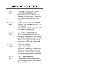 HOW-TO MANUALS
   027.62     TRIPLE SCOOPS : STORYTIMES
   Elbert     ABOUT THINGS KIDS LIKE
              20 child-pleasing themes, with many, many
              good books titles listed for each. Also includes
              some craft ideas and appropriate storytime
              activities.
+ 027.625     TODDLE ON OVER: DEVELOPING
  Davis       INFANT & TODDLER LITERATURE
              PROGRAMS
              Story, fingerplays and craft suggestions that will
              work well with preschoolers too.

   027.6251   READY TO GO STORYTIMES
   Benton     The joy of this book lies in the enclosed CD. It
              contains such valuable songs as, The Welcome
              Song, The Stretch and Sit Song, We Dove in the
              Ocean, and the song you sing with our Story
              time Collection flannel story, Flip Flap Jack.

+ 027.6251    STORYTIMES FOR
  Nichols     TWO-YEAR-OLDS
              Well written, with many practical suggestions
              for the storyteller, with 50 themes included.
              Has craft and follow-up activities for parents
              and an extensive bibliography of picture books.

   372.642    I’M A LITTLE TEAPOT!
   Cobb       A wonderful selection of picture book titles,
              songs, fingerplays and simple crafts organized
              by easy-to-use themes.
 