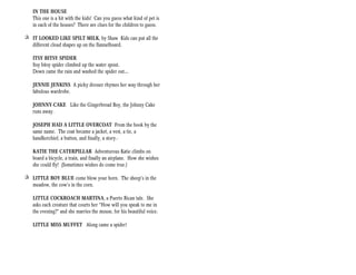 IN THE HOUSE
   This one is a hit with the kids! Can you guess what kind of pet is
   in each of the houses? There are clues for the children to guess.

+ IT LOOKED LIKE SPILT MILK, by Shaw Kids can put all the
  different cloud shapes up on the flannelboard.

   ITSY BITSY SPIDER
   Itsy bitsy spider climbed up the water spout.
   Down came the rain and washed the spider out…

   JENNIE JENKINS A picky dresser rhymes her way through her
   fabulous wardrobe.

   JOHNNY-CAKE Like the Gingerbread Boy, the Johnny Cake
   runs away.

   JOSEPH HAD A LITTLE OVERCOAT From the book by the
   same name. The coat became a jacket, a vest, a tie, a
   handkerchief, a button, and finally, a story.-

   KATIE THE CATERPILLAR Adventurous Katie climbs on
   board a bicycle, a train, and finally an airplane. How she wishes
   she could fly! (Sometimes wishes do come true.)

+ LITTLE BOY BLUE come blow your horn. The sheep’s in the
  meadow, the cow’s in the corn.

   LITTLE COCKROACH MARTINA, a Puerto Rican tale. She
   asks each creature that courts her “How will you speak to me in
   the evening?” and she marries the mouse, for his beautiful voice.

   LITTLE MISS MUFFET Along came a spider!
 