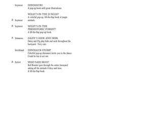 Seymour      DINOSAURS
                A pop-up book with great illustrations.

                WHAT’S IN THE JUNGLE?
                A colorful pop-up, lift-the-flap book of jungle
+ Seymour       animals.

+ Seymour       WHAT’S IN THE
                PREHISTORIC FOREST?
                A lift-the-flap pop-up book.

+ Simmons       DAISY’S HIDE AND SEEK
                Daisy and Pip play hide and seek throughout the
                barnyard. Very cute.

   Strickland   DINOSAUR STOMP
                Colorful pop-up dinosaurs invite you to the dance.
                Could be fun to act out.

+ Ziefert       WHO SAID MOO?
                Red Rooster goes through the entire farmyard
                asking all the animals if they said moo.
                A lift-the-flap book.
 