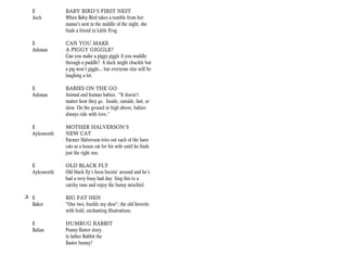 E            BABY BIRD’S FIRST NEST
  Asch         When Baby Bird takes a tumble from her
               mama's nest in the middle of the night, she
               finds a friend in Little Frog.

  E            CAN YOU MAKE
  Ashman       A PIGGY GIGGLE?
               Can you make a piggy giggle if you waddle
               through a puddle? A duck might chuckle but
               a pig won’t giggle… but everyone else will be
               laughing a lot.

  E            BABIES ON THE GO
  Ashman       Animal and human babies. “It doesn’t
               matter how they go. Inside, outside, fast, or
               slow. On the ground or high above, babies
               always ride with love.”

  E            MOTHER HALVERSON’S
  Aylesworth   NEW CAT
               Farmer Halverson tries out each of the barn
               cats as a house cat for his wife until he finds
               just the right one.

  E            OLD BLACK FLY
  Aylesworth   Old black fly’s been buzzin’ around and he’s
               had a very busy bad day. Sing this to a
               catchy tune and enjoy the funny mischief.

+ E            BIG FAT HEN
  Baker        “One two, buckle my shoe”; the old favorite
               with bold, enchanting illustrations.

  E            HUMBUG RABBIT
  Balian       Funny Easter story.
               Is father Rabbit the
               Easter bunny?
 