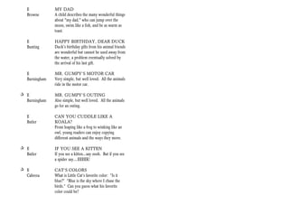 E            MY DAD
   Browne       A child describes the many wonderful things
                about "my dad," who can jump over the
                moon, swim like a fish, and be as warm as
                toast.

   E            HAPPY BIRTHDAY, DEAR DUCK
   Bunting      Duck's birthday gifts from his animal friends
                are wonderful but cannot be used away from
                the water, a problem eventually solved by
                the arrival of his last gift.

   E            MR. GUMPY’S MOTOR CAR
   Burningham   Very simple, but well loved. All the animals
                ride in the motor car.

+ E             MR. GUMPY’S OUTING
  Burningham    Also simple, but well loved. All the animals
                go for an outing.

   E            CAN YOU CUDDLE LIKE A
   Butler       KOALA?
                From leaping like a frog to winking like an
                owl, young readers can enjoy copying
                different animals and the ways they move.

+ E             IF YOU SEE A KITTEN
  Butler        If you see a kitten…say oooh. But if you see
                a spider say….EEEEK!

+ E             CAT’S COLORS
  Cabrera       What is Little Cat’s favorite color: “Is it
                blue?” “Blue is the sky where I chase the
                birds.” Can you guess what his favorite
                color could be?
 