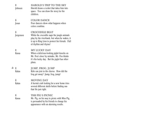 E           HAROLD’S TRIP TO THE SKY
   Johnson     Harold draws a rocket that takes him into
               space. You can draw the story for the
               children.

   E           COLOR DANCE
   Jonas       Four dancers show what happens when
               colors combine.

   E           CROCODILE BEAT
   Jorgensen   While the crocodile naps the jungle animals
               play by the riverbank, but when he wakes, it
               is up to King Lion to protect his friends. Full
               of rhythm and rhyme!

   E           MY LUCKY DAY
   Kasza       When a delicious-looking piglet knocks on
               Mr. Fox’s door by mistake, Mr. Fox thinks
               it’s his lucky day. But the piglet has other
               plans.

+ E            JUMP, FROG, JUMP
  Kalan        Kids can join in the chorus. How did the
               frog get away? Jump, frog, jump!

   E           MOVING DAY
   Kalan       A hermit crab looking for a new home tries
               several different shells before finding one
               that fits just right.

   E           THE PIG’S PICNIC
   Kasza       Mr. Pig, on his way to picnic with Miss Pig,
               is persuaded by his friends to change his
               appearance with an alarming results.
 