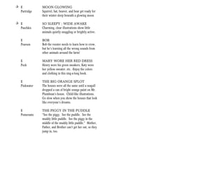 + E            MOON GLOWING
  Partridge    Squirrel, bat, beaver, and bear get ready for
               their winter sleep beneath a glowing moon

+ E            SO SLEEPY ; WIDE AWAKE
  Paschkis     Charming, clear illustrations show little
               animals quietly snuggling or brightly active.

   E           BOB
   Pearson     Bob the rooster needs to learn how to crow,
               but he’s learning all the wrong sounds from
               other animals around the farm!

   E           MARY WORE HER RED DRESS
   Peek        Henry wore his green sneakers, Katy wore
               her yellow sweater. etc. -Enjoy the colors
               and clothing in this sing-a-long book.

   E           THE BIG ORANGE SPLOT
   Pinkwater   The houses were all the same until a seagull
               dropped a can of bright orange paint on Mr.
               Plumbean’s house. Child-like illustrations.
               Go slow when you show the houses that look
               like everyone’s dreams.

   E           THE PIGGY IN THE PUDDLE
   Pomerantz   “See the piggy. See the puddle. See the
               muddy little puddle. See the piggy in the
               middle of the muddy little puddle.” Mother,
               Father, and Brother can’t get her out, so they
               jump in, too.
 