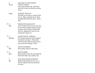 E         SQUAWK TO THE MOON,
   Preston   LITTLE GOOSE
             Good’s good and bad’s bad. Little Goose
             meets the fox when she should be safe home
             in bed.

   Pringle   NAMING THE CAT
             The family can not agree on a name for their
             new cat. Maybe, says Dad, the cat will do
             something that will them his name. And he
             does!

+ E          SHAKE MY SILLIES OUT
  Raffi      A trio of animals who can’t get to sleep roam
             the forest and eventually encounter a group
             of campers who join them in shaking their
             sillies out, clapping their crazies out, and
             yawning their sleepies out.

+ E          GOOD NIGHT, GORILLA
  Rathmann   The zookeeper makes the rounds, telling all
             the animals “good night”. Pesky Gorilla
             collects the keys and all the animals end up
             cozy in bed at the zookeeper’s house!

+ E          WAVE GOODBYE
  Reid       Wave goodbye with your whole body!

+ E          MOUSE MESS
  Riley      Mouse joyfully munches his way through the
             kitchen and makes a big, rhyming, mess.

   E         SAM WHO NEVER FORGETS
   Rice      Walks through feeding time at the zoo, as
             Sam the zookeeper feeds each animal that
             lives there.
 